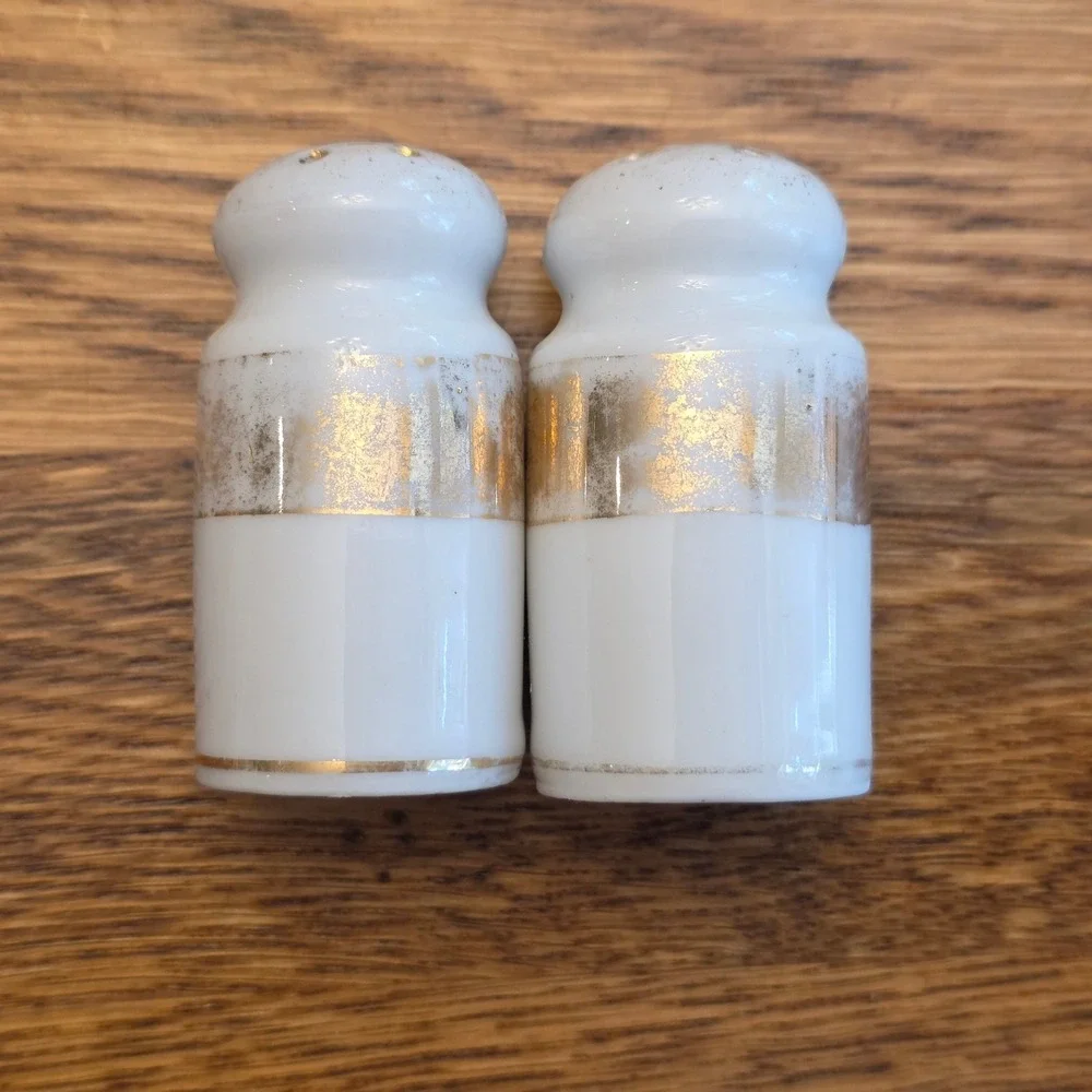 Vintage White Porcelain Gold Banded Salt and Pepper Shakers Set Made in Japan